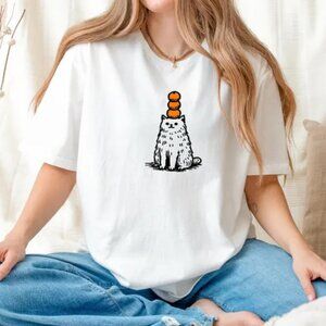 Orange Cat t-shirt,  printed cat balancing oranges, cat lover